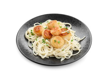 Photo of Delicious scallop pasta with green onion in plate isolated on white