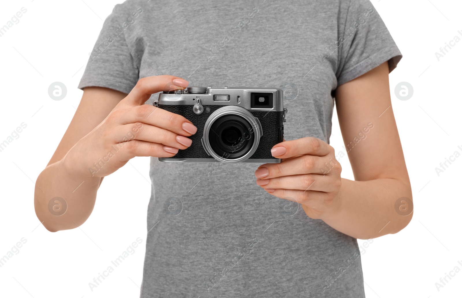 Photo of Photographer with camera on white background, closeup