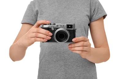 Photo of Photographer with camera on white background, closeup