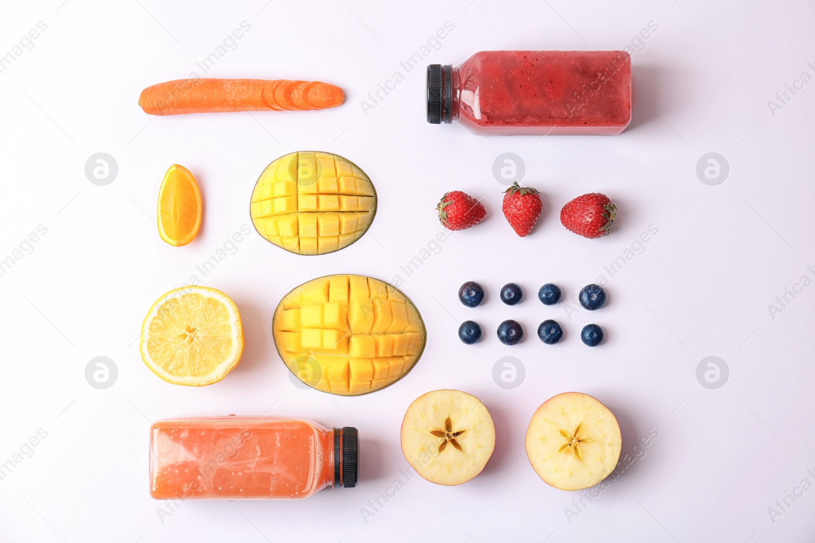 Photo of Flat lay composition with healthy detox smoothies and ingredients on light background