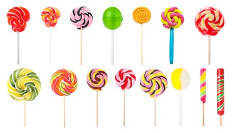 Image of Different colorful lollipops isolated on white, set