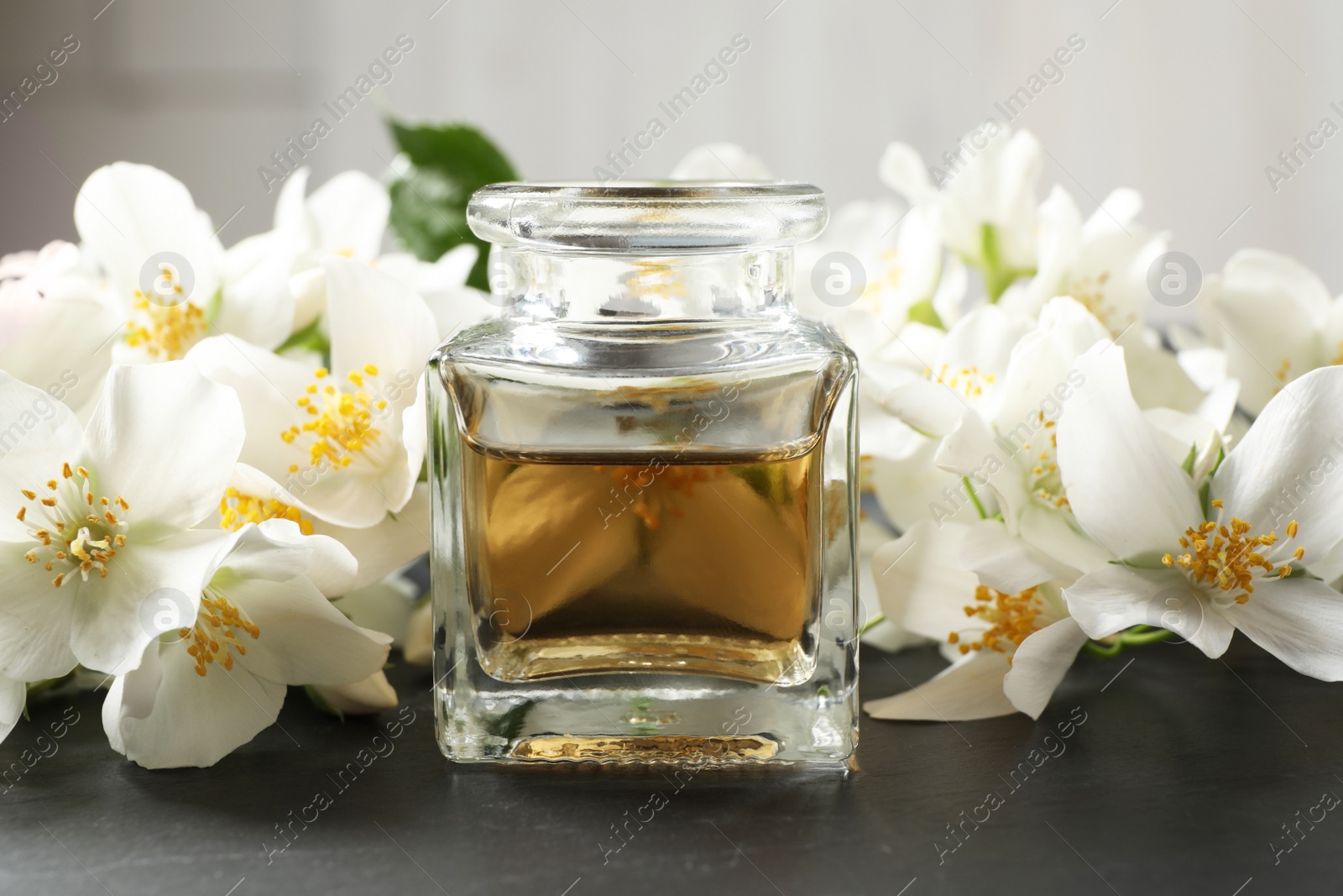 Photo of Jasmine essential oil and fresh flowers on dark grey table