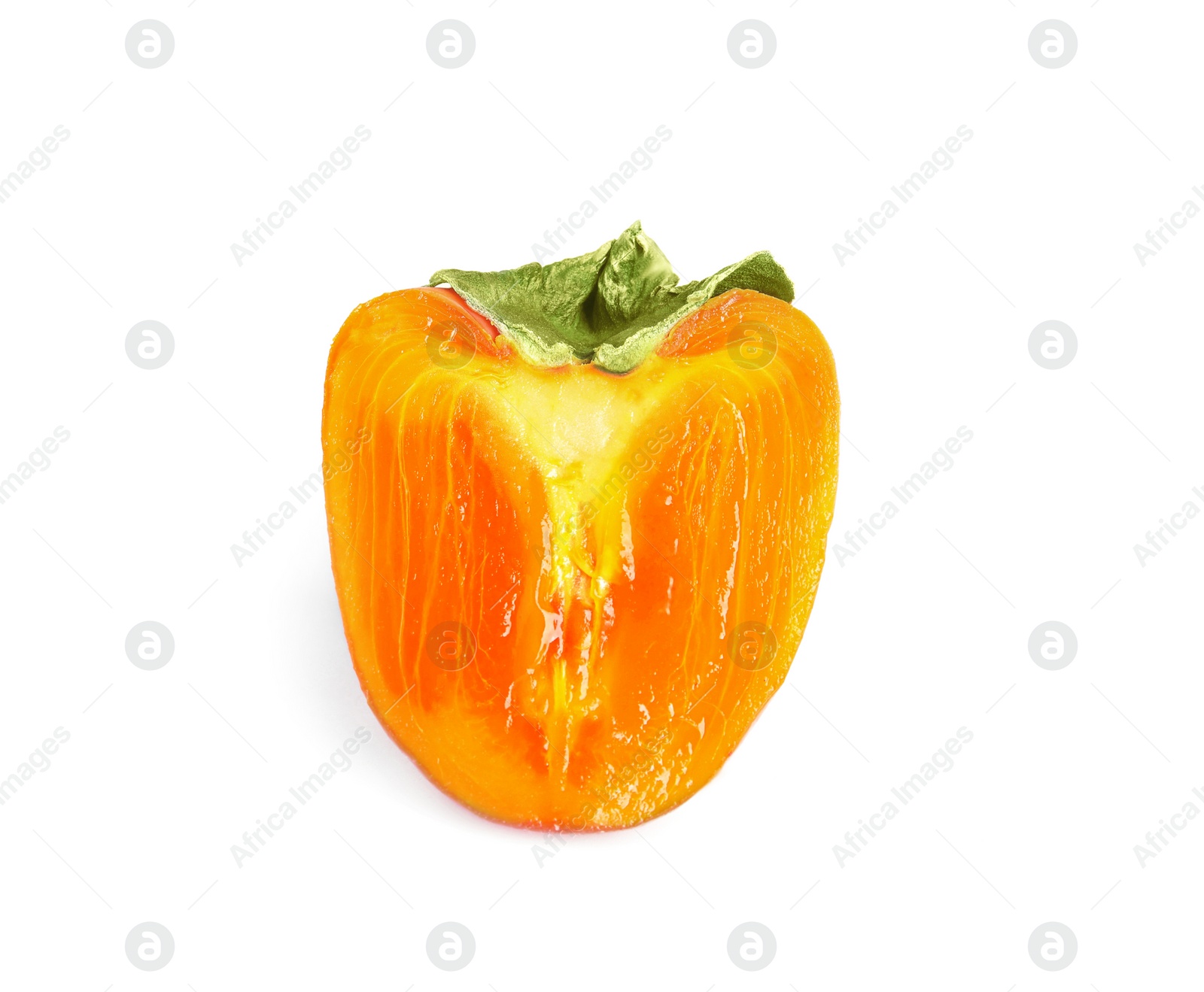 Photo of Half of delicious fresh persimmon isolated on white