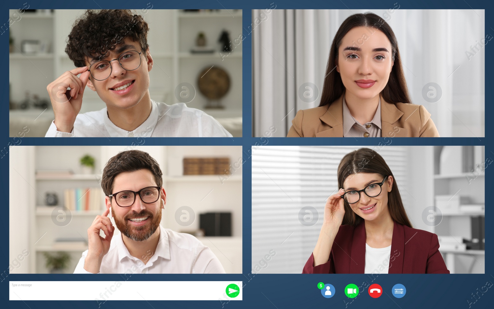 Image of Laptop (computer) screen showing people during video call. Colleagues having video chat