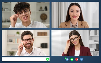 Laptop (computer) screen showing people during video call. Colleagues having video chat