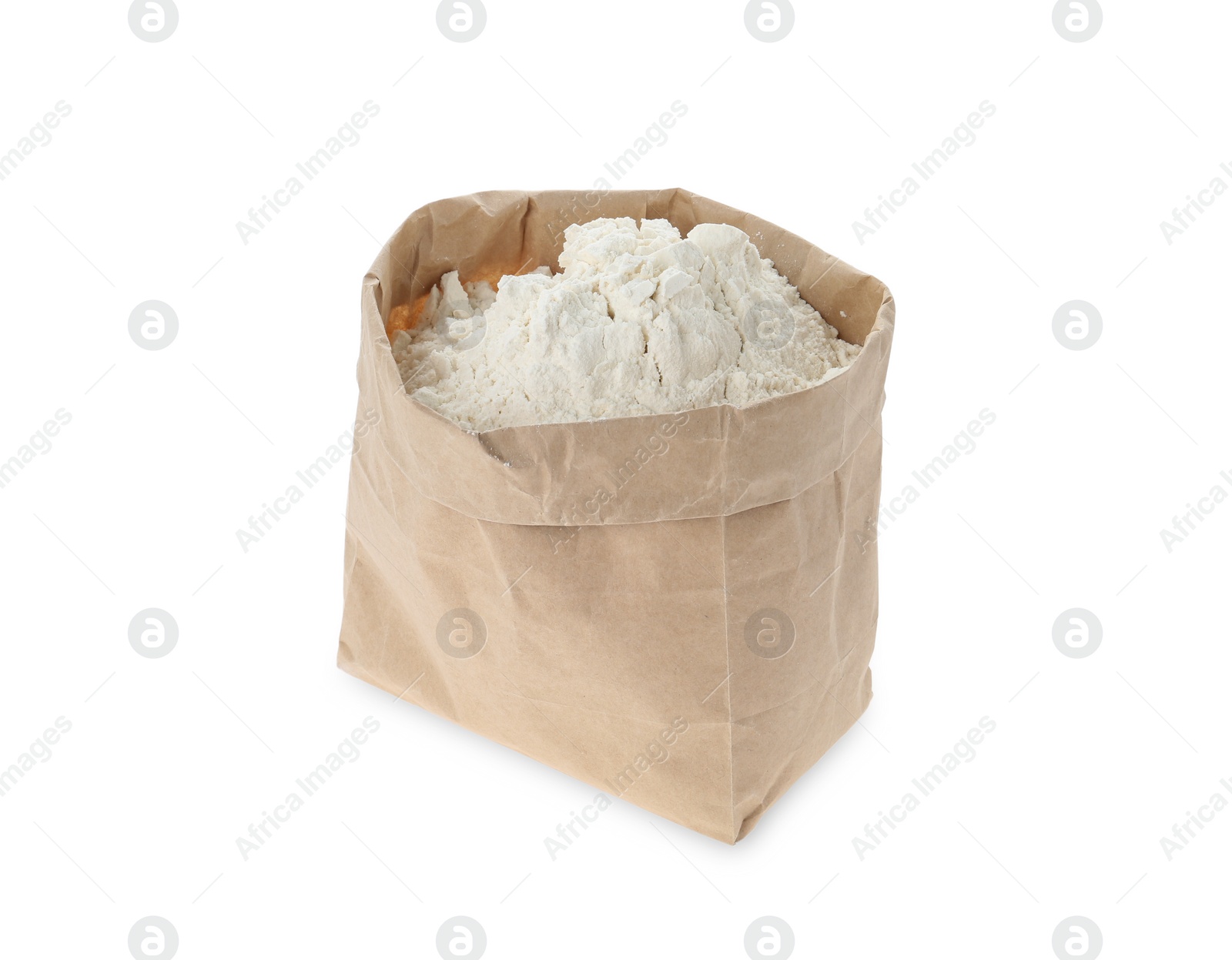 Photo of Organic flour in paper bag isolated on white