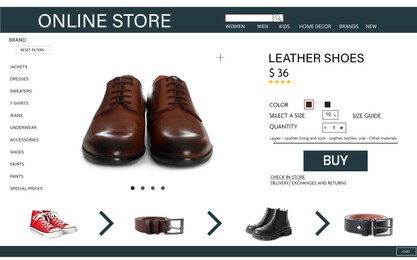 Image of Online store website page with stylish shoes and information. Image can be pasted onto laptop or tablet screen