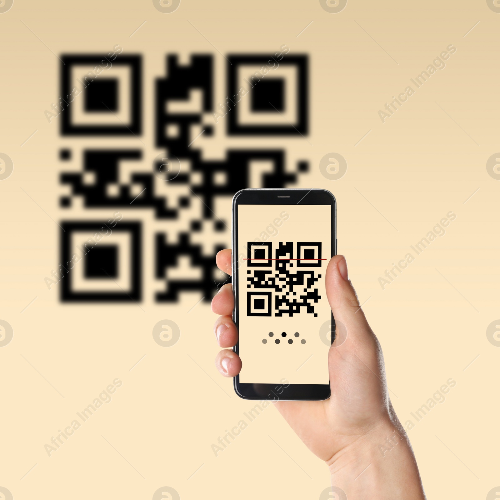 Image of Woman scanning QR code with smartphone on beige background, closeup