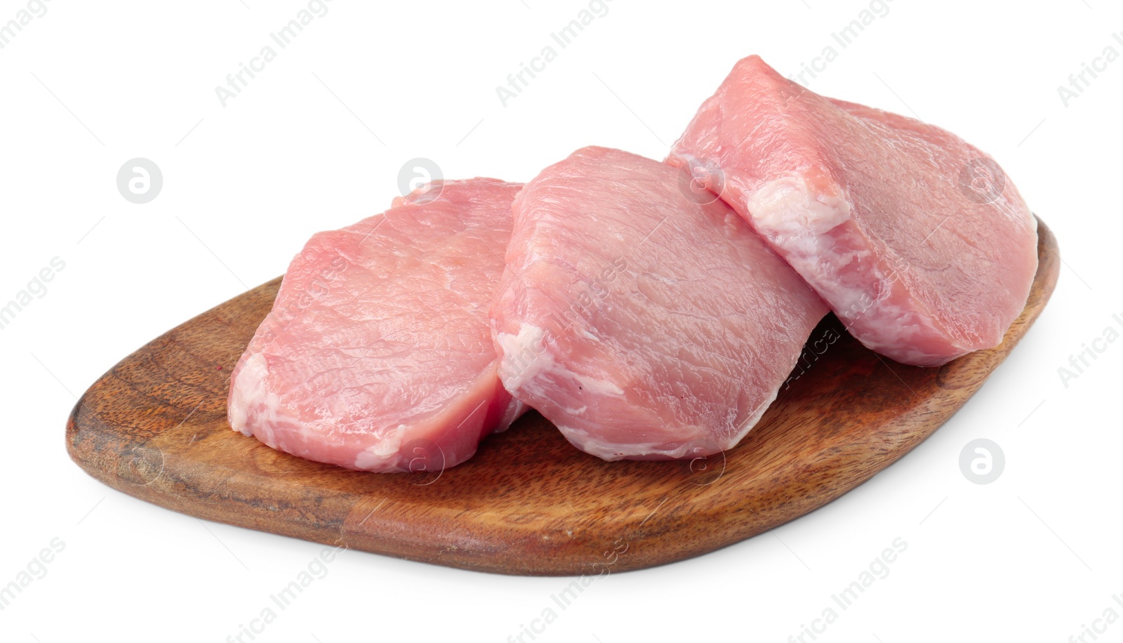 Photo of Wooden board with pieces of raw pork meat isolated on white