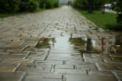 Photo of Puddle after rain on street tiles outdoors, selective focus