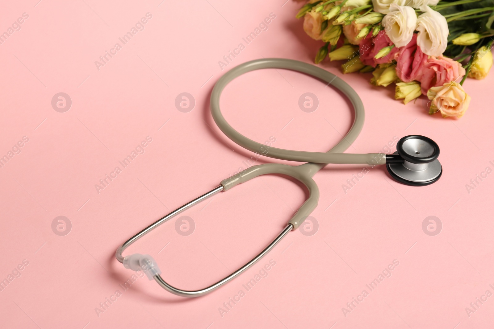 Photo of Stethoscope and eustoma flowers on pink background. Happy Doctor's Day