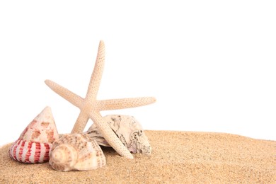 Beautiful sea star, shells and sand isolated on white