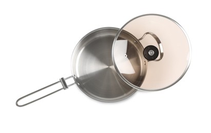 Photo of New shiny saucepan with glass lid isolated on white, top view