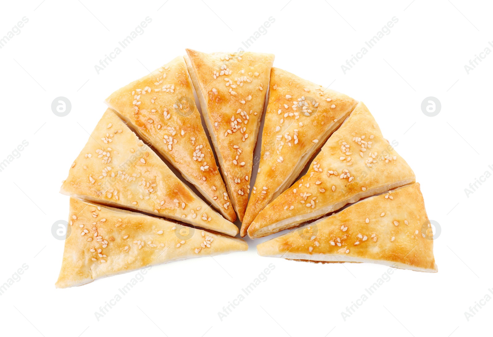 Photo of Delicious fresh puff pastries isolated on white, top view