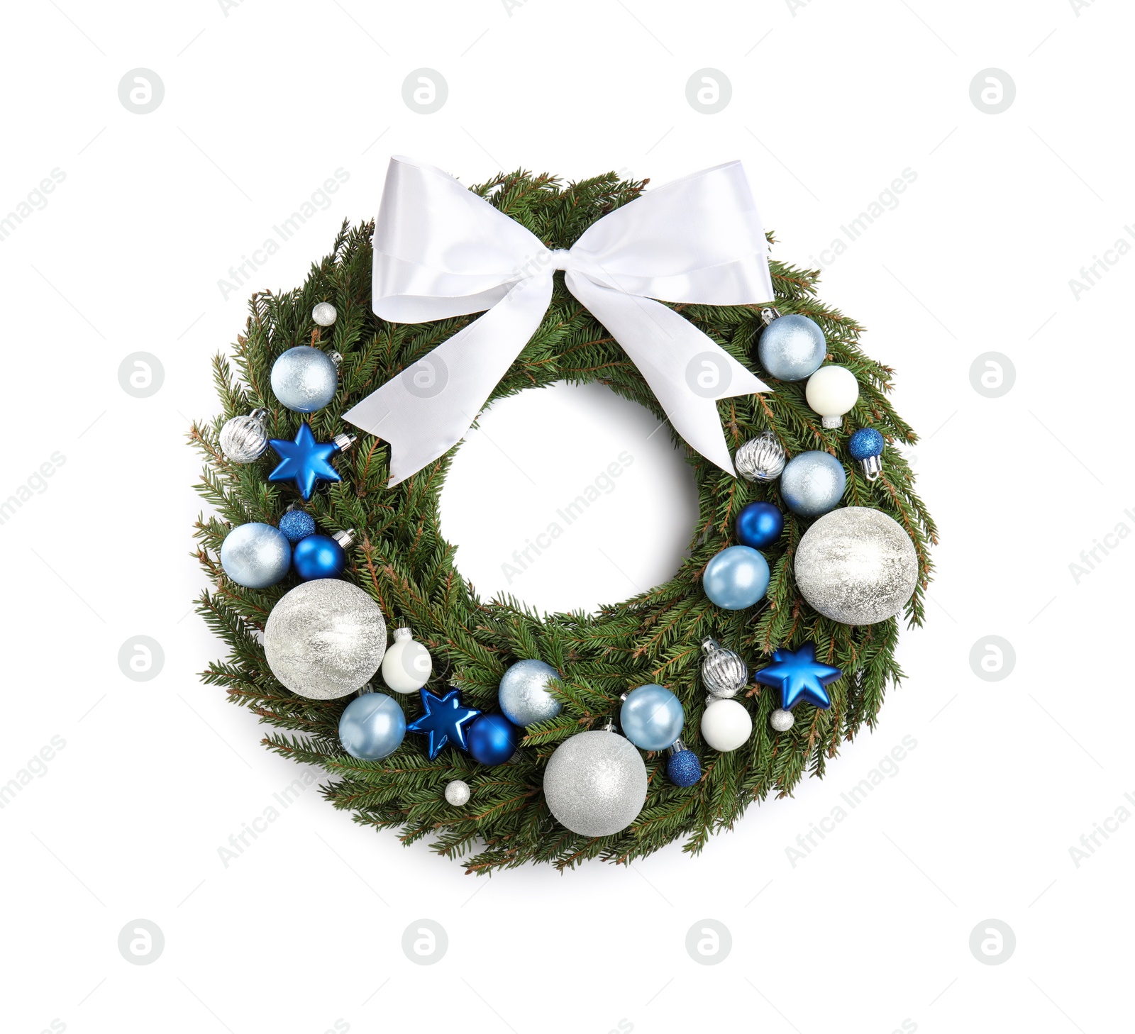 Photo of Beautiful Christmas wreath isolated on white, top view