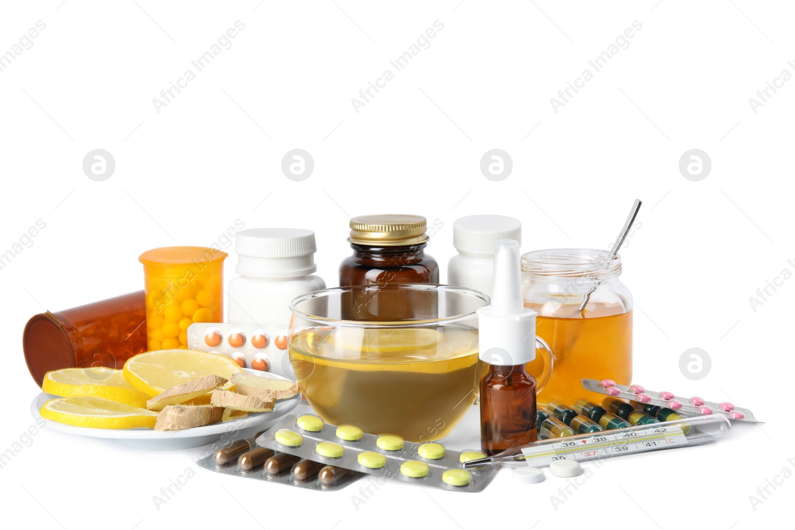 Photo of Composition with different cold remedies on white background