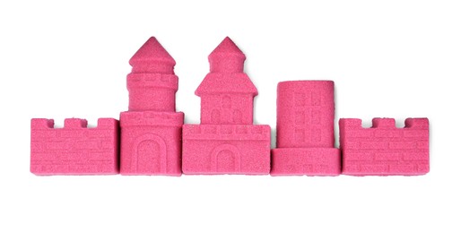 Photo of Castle made of kinetic sand on white background, top view