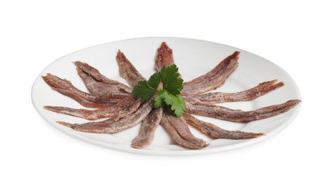 Plate with anchovy fillets and parsley on white background