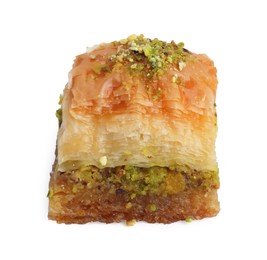 Photo of Piece of delicious fresh baklava with chopped nuts isolated on white. Eastern sweets