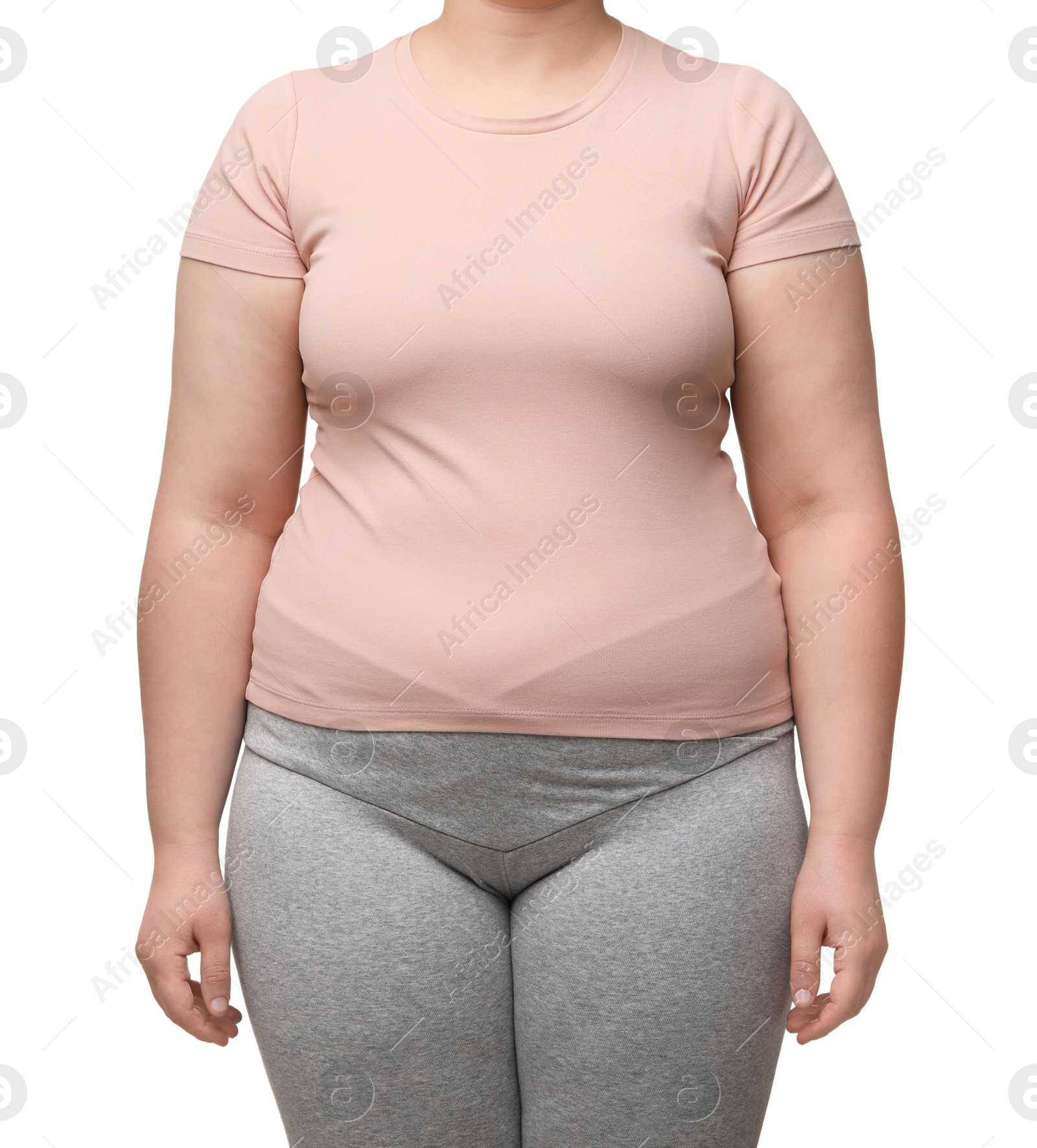 Photo of Overweight woman on white background, closeup view