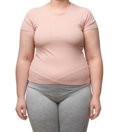 Overweight woman on white background, closeup view