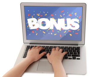 Image of Bonus gaining. Child using laptop on white background, closeup. Illustration of falling confetti and word on device screen