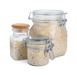 Photo of Fresh leaven in glass jars isolated on white