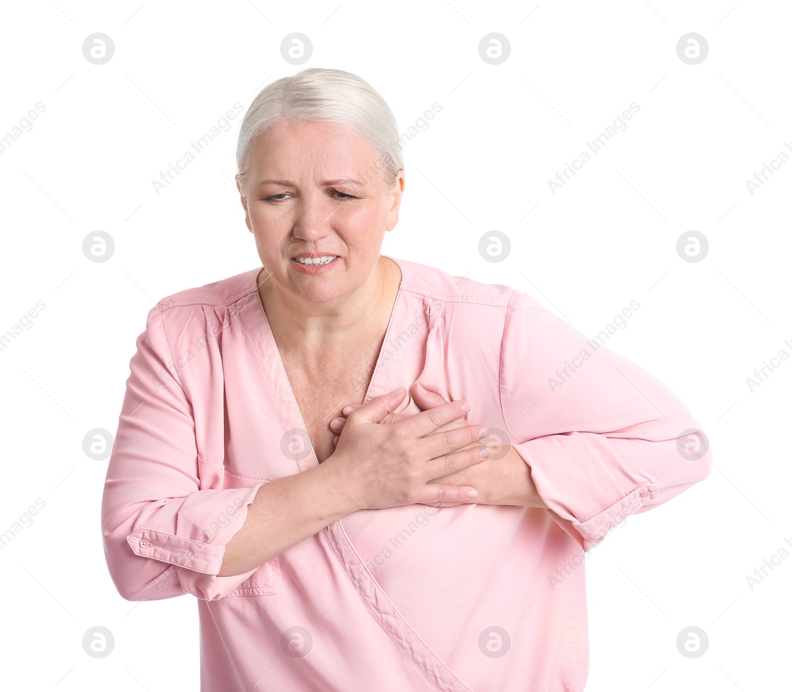 Photo of Mature woman having heart attack on white background