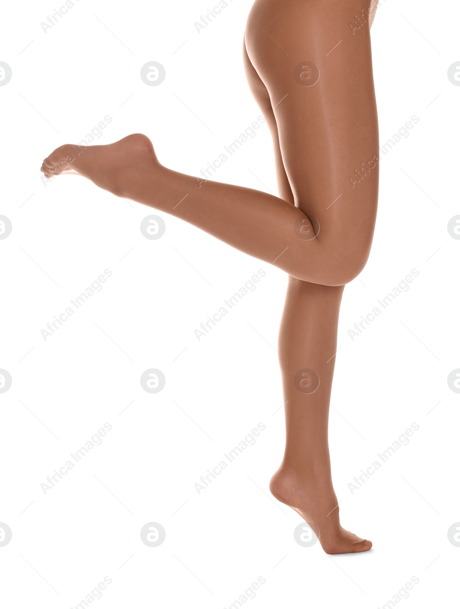 Photo of Woman with beautiful long legs wearing tights on white background, closeup