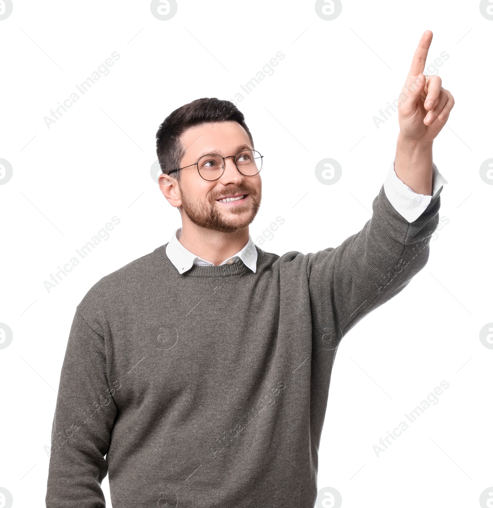 Photo of Portrait of handsome bearded businessman in eyeglasses gesturing on white background