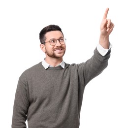 Portrait of handsome bearded businessman in eyeglasses gesturing on white background