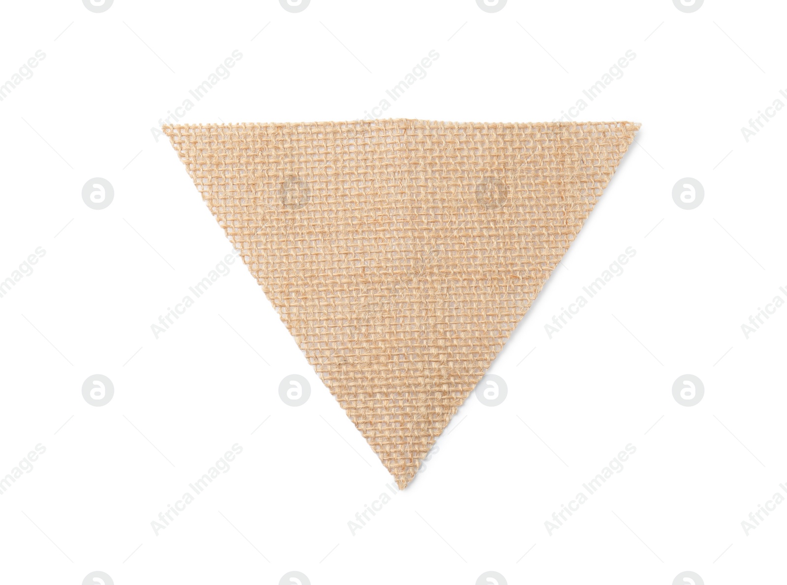Photo of Triangle made of burlap fabric isolated on white, top view