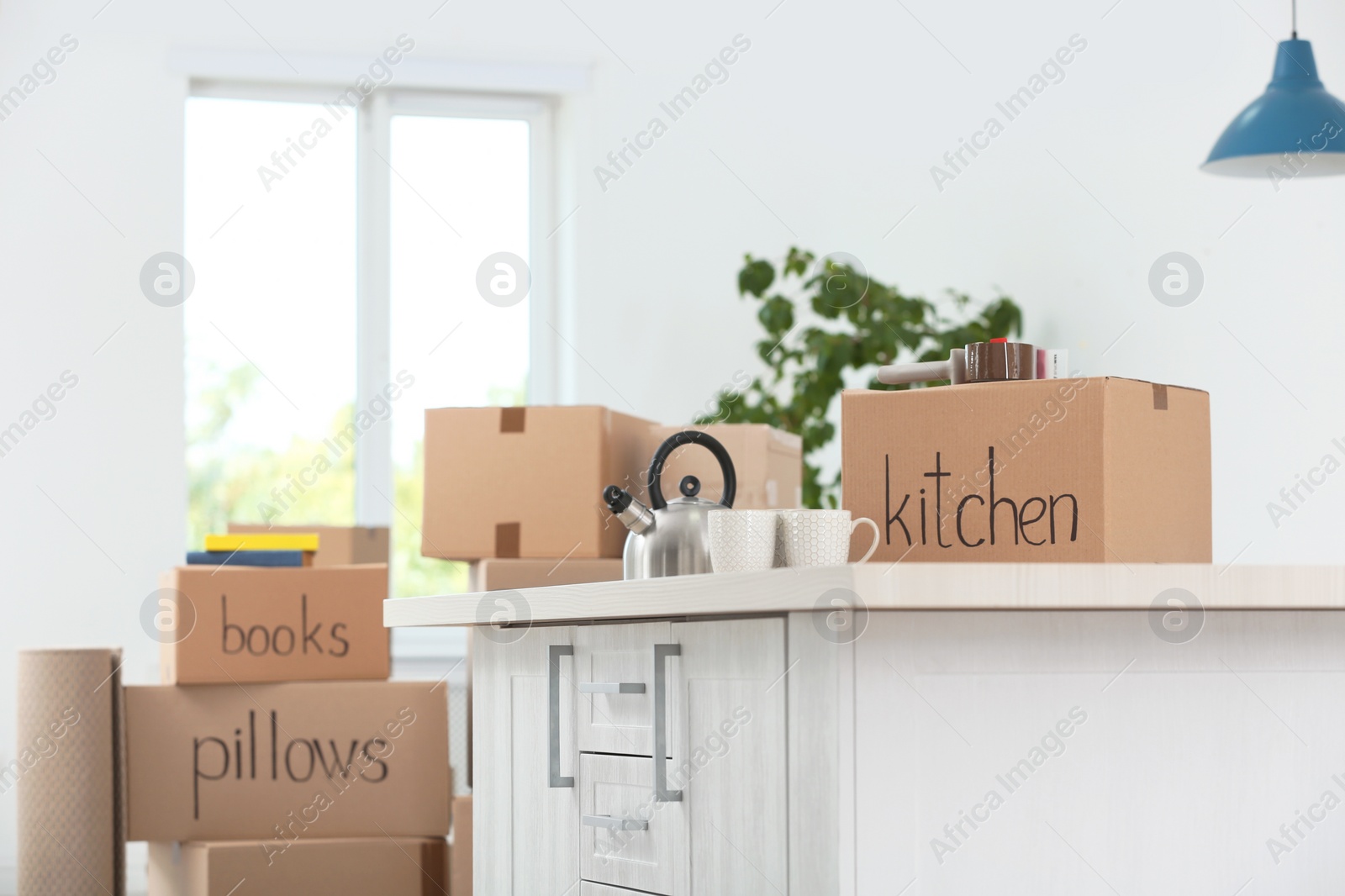 Photo of Cardboard boxes and household stuff indoors. Moving day