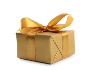 Beautiful gift box with golden ribbon and bow on white background