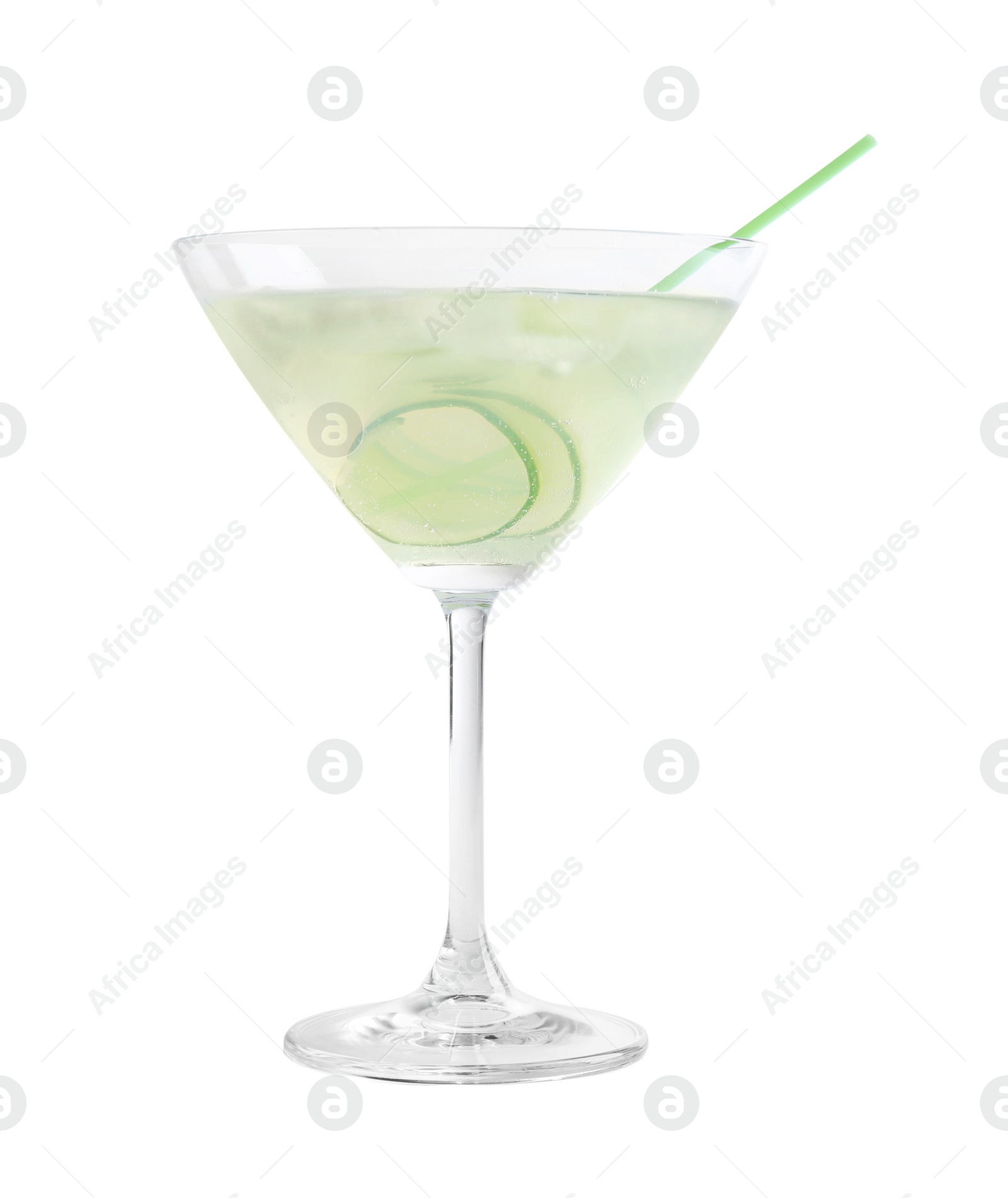 Photo of Glass of tasty martini with cucumber on white background