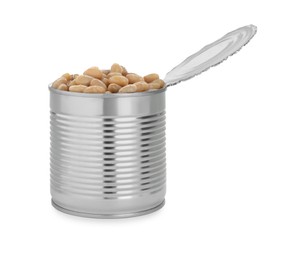 Tin can with kidney beans on white background