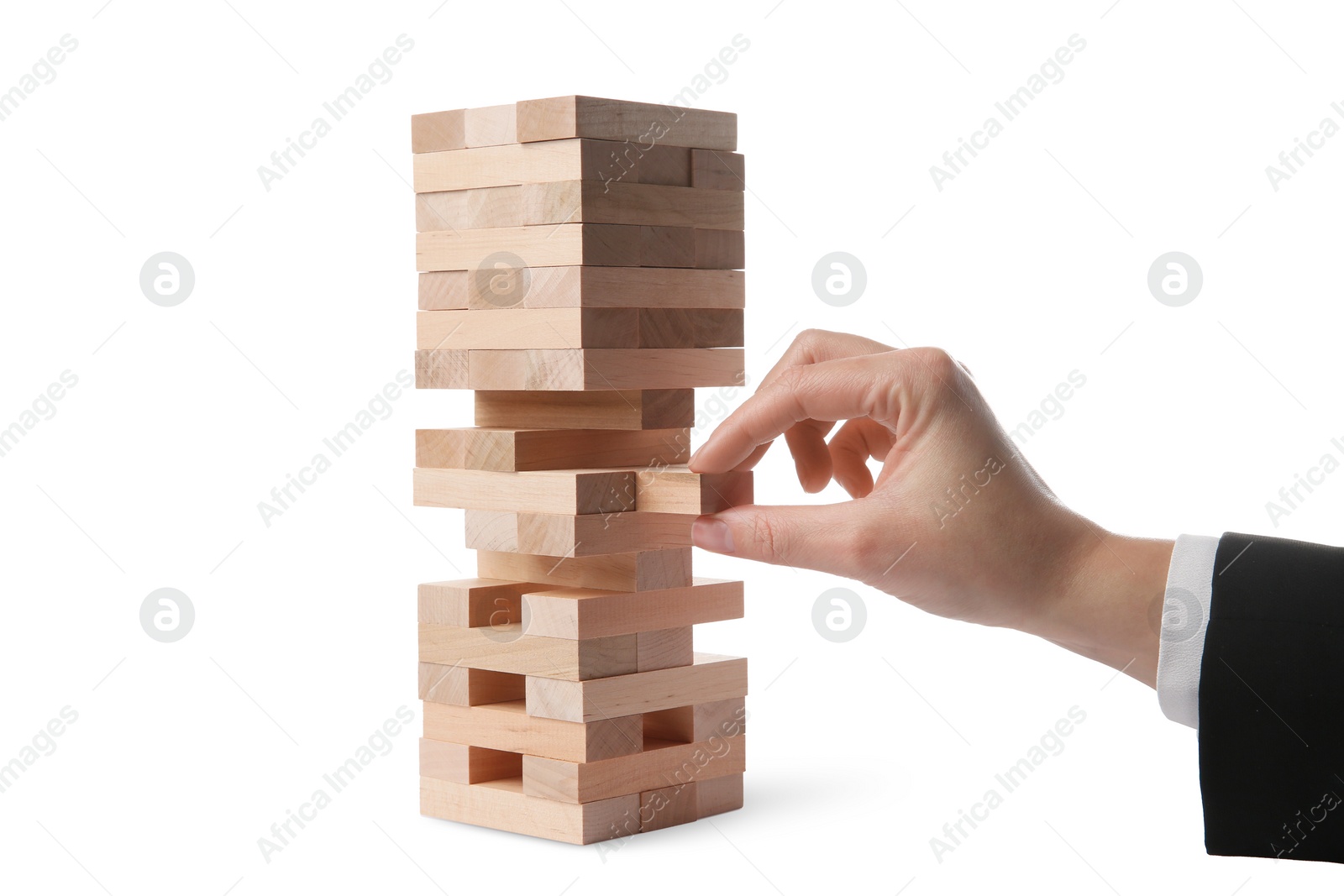 Photo of Woman playing Jenga on white background, closeup