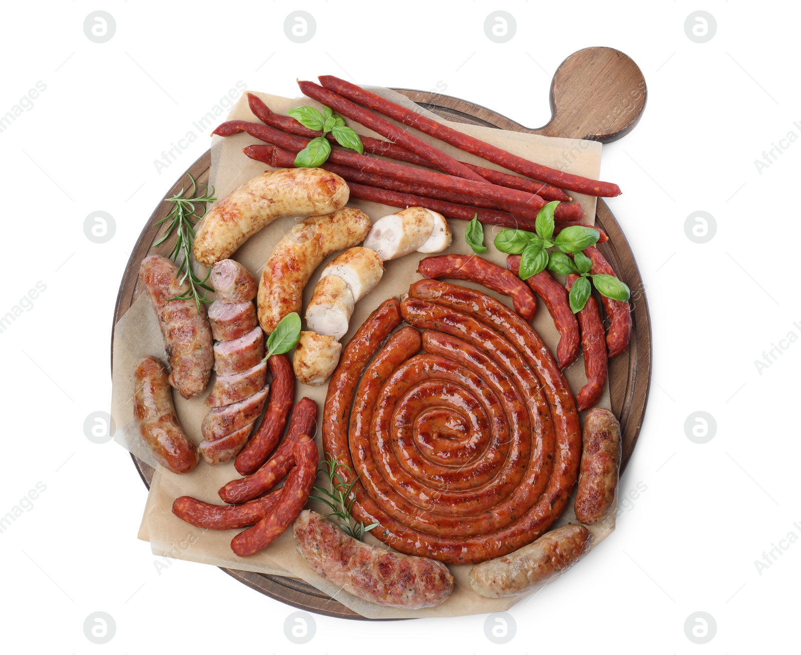 Photo of Different delicious sausages with herbs on white background, top view. Assortment of beer snacks