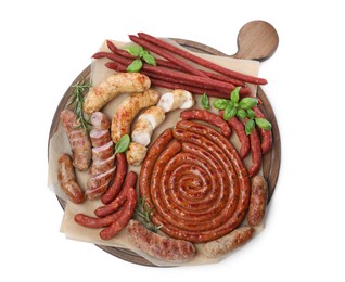 Photo of Different delicious sausages with herbs on white background, top view. Assortment of beer snacks