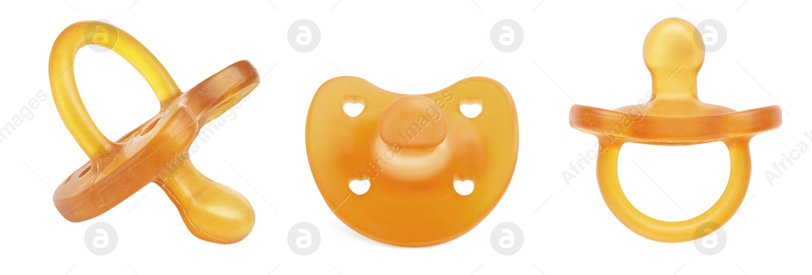 Image of Collage of orange baby pacifier on white background, views from different sides