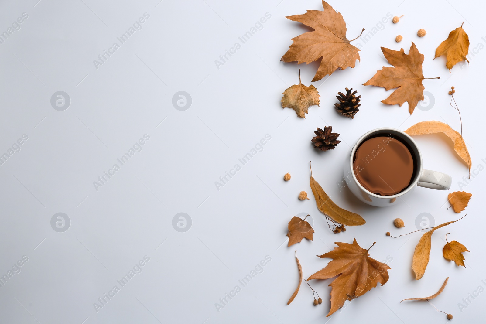 Photo of Flat lay composition with cup of hot drink and autumn leaves on white background, space for text. Cozy atmosphere