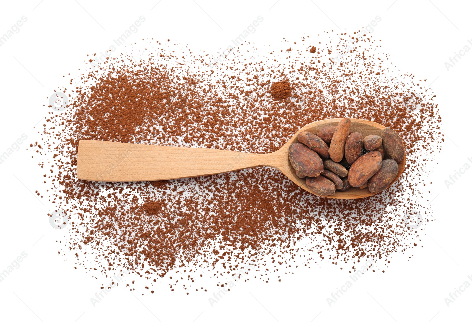 Photo of Spoon with cocoa beans on white background