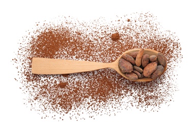 Photo of Spoon with cocoa beans on white background