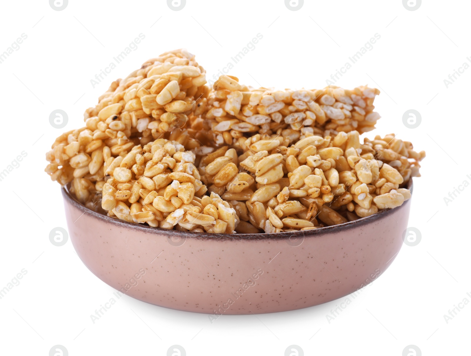 Photo of Bowl of puffed rice bars (kozinaki) on white background