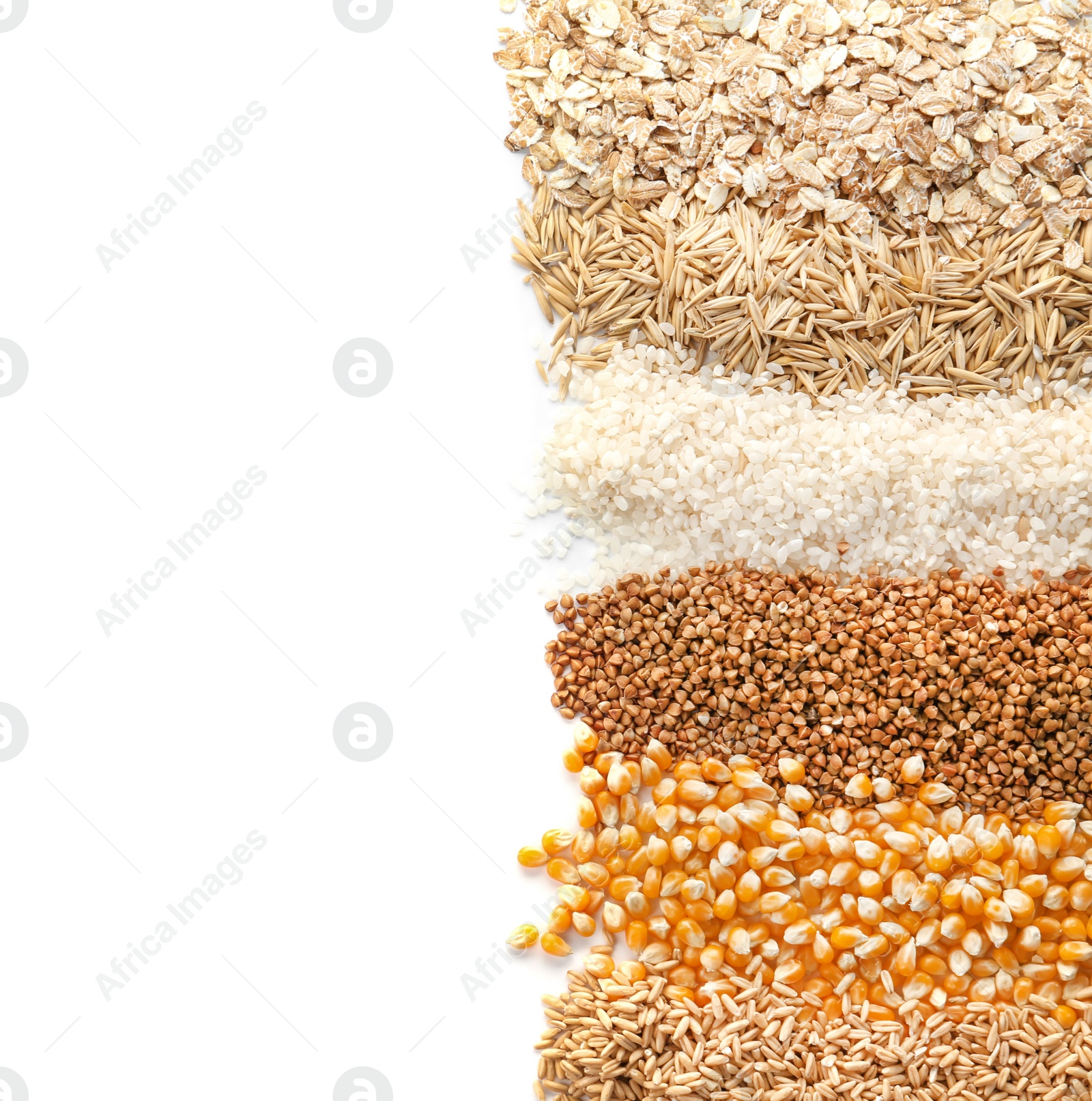 Photo of Different types of grains and cereals on white background