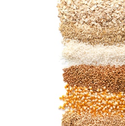 Photo of Different types of grains and cereals on white background