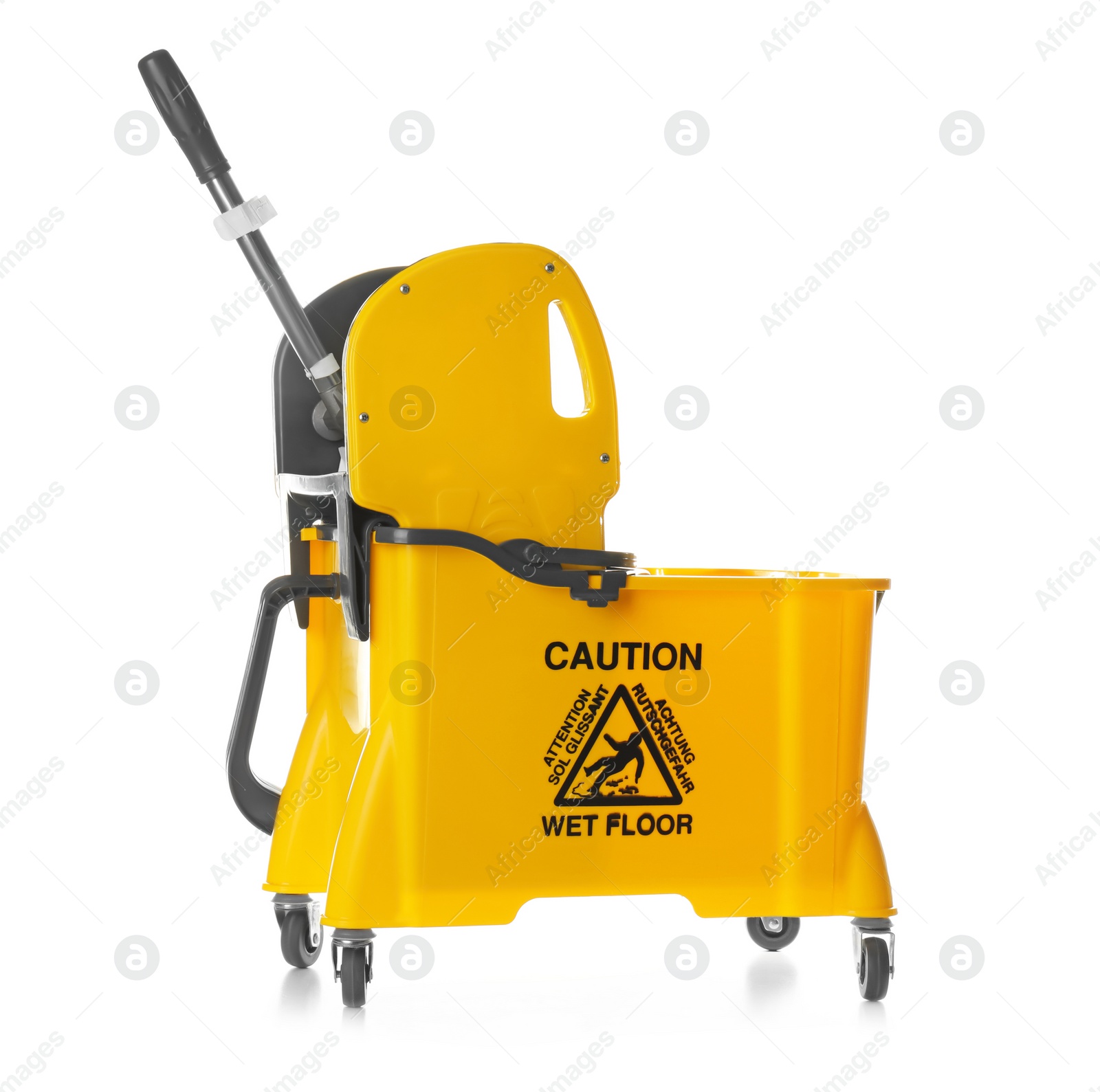 Photo of Empty mop bucket for cleaning on white background