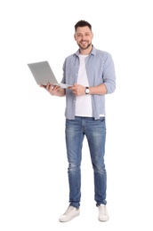 Photo of Happy man with laptop on white background