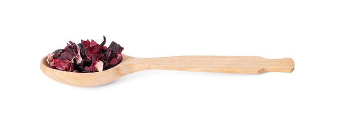 Photo of Wooden spoon of dry hibiscus tea isolated on white