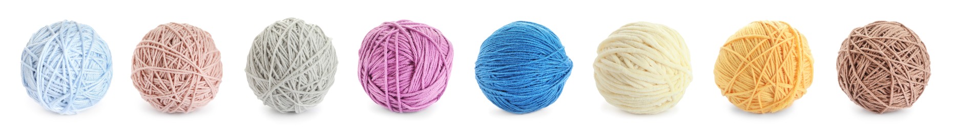 Image of Set with different woolen yarns on white background. Banner design